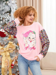Patchwork Crew Neck Printed Glitter Sequined Long Sleeve Christmas Sweatshirt Tops