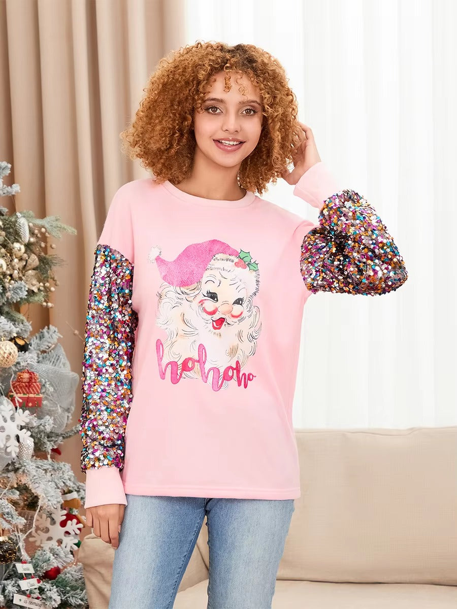 Patchwork Crew Neck Printed Glitter Sequined Long Sleeve Christmas Sweatshirt Tops