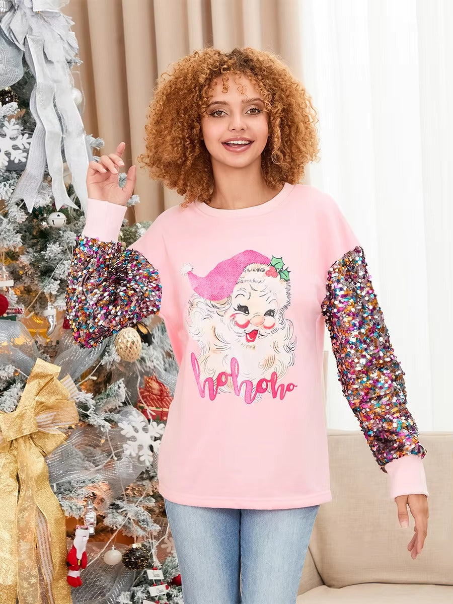 Patchwork Crew Neck Printed Glitter Sequined Long Sleeve Christmas Sweatshirt Tops