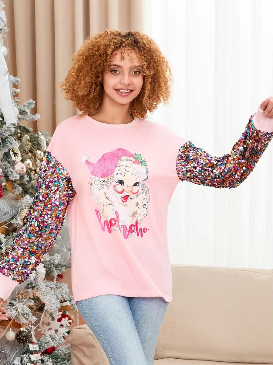 Patchwork Crew Neck Printed Glitter Sequined Long Sleeve Christmas Sweatshirt Tops