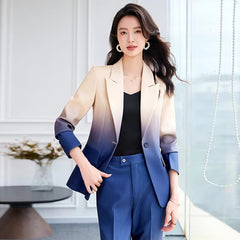 Gradient Color Printed Single Button Blazer Flare Pants Designer Suit Set