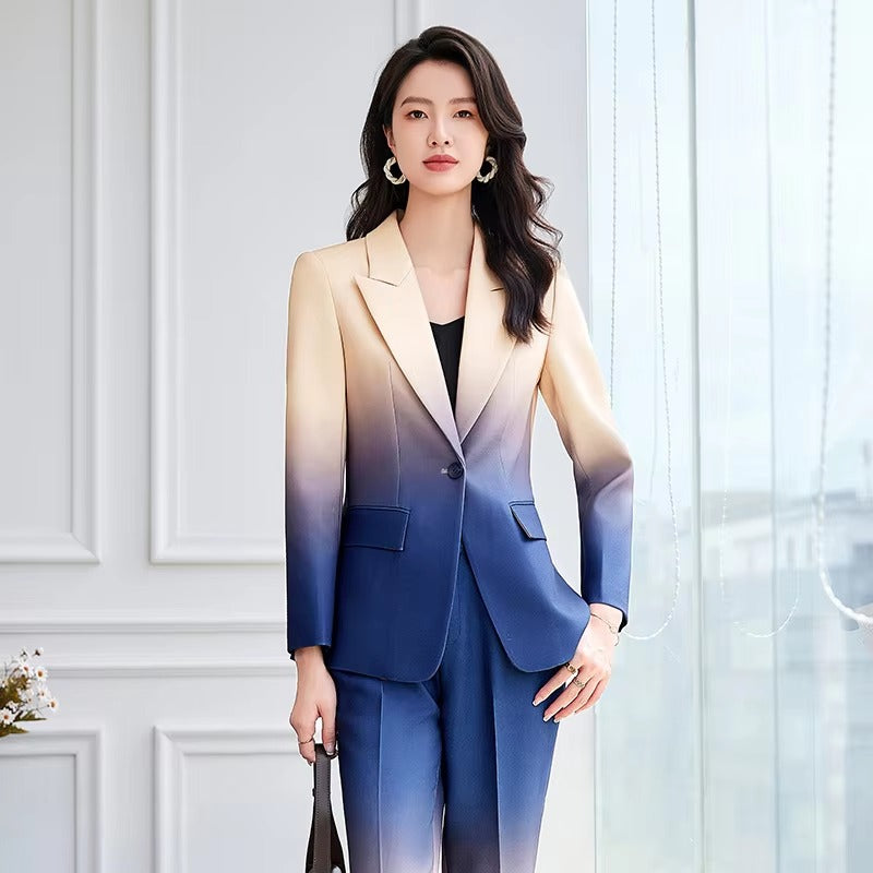 Gradient Color Printed Single Button Blazer Flare Pants Designer Suit Set