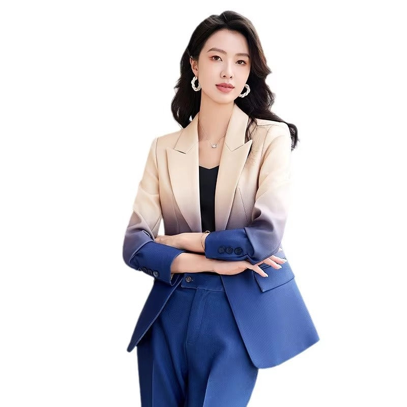 Gradient Color Printed Single Button Blazer Flare Pants Designer Suit Set