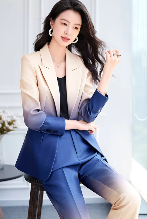 Gradient Color Printed Single Button Blazer Flare Pants Designer Suit Set