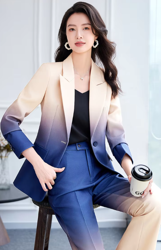 Gradient Color Printed Single Button Blazer Flare Pants Designer Suit Set