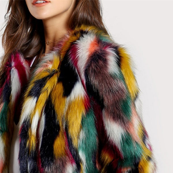Elegant Colorful Fashion Long Sleeve Collarless Casual Faux Fur Coat