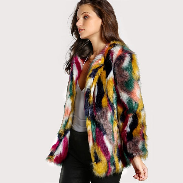 Elegant Colorful Fashion Long Sleeve Collarless Casual Faux Fur Coat