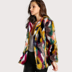 Elegant Colorful Fashion Long Sleeve Collarless Casual Faux Fur Coat