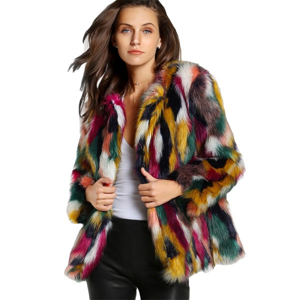 Elegant Colorful Fashion Long Sleeve Collarless Casual Faux Fur Coat