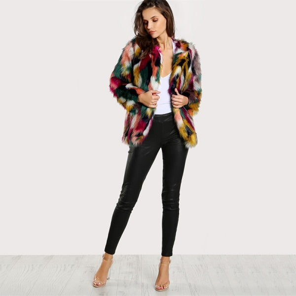 Elegant Colorful Fashion Long Sleeve Collarless Casual Faux Fur Coat