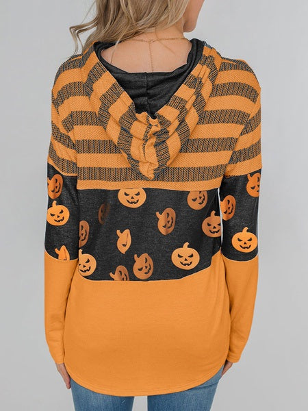 Halloween Hoodies Pumpkin Print Long Sleeves Hooded Sweatshirt