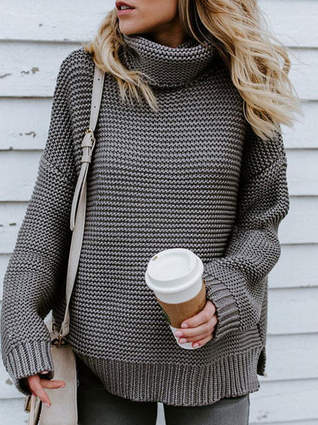 High Collar Long Sleeves Oversized Acrylic Pullover Sweater