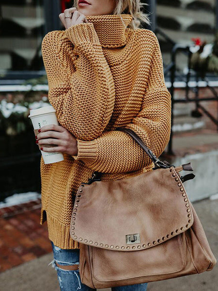 High Collar Long Sleeves Oversized Acrylic Pullover Sweater