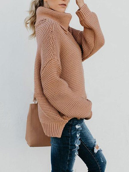 High Collar Long Sleeves Oversized Acrylic Pullover Sweater