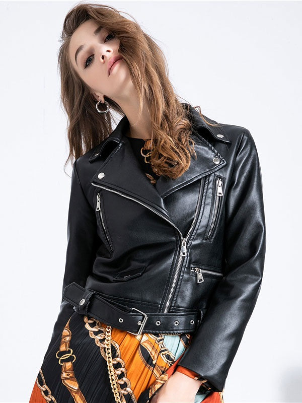 High Low Design PU Leather Long Sleeves Wind Proof Leather Jacket