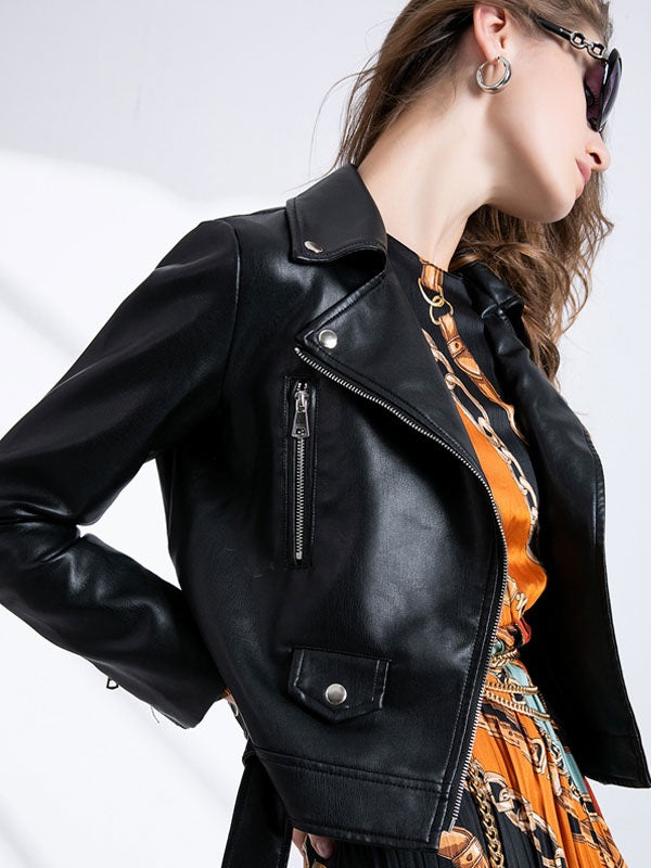 High Low Design PU Leather Long Sleeves Wind Proof Leather Jacket