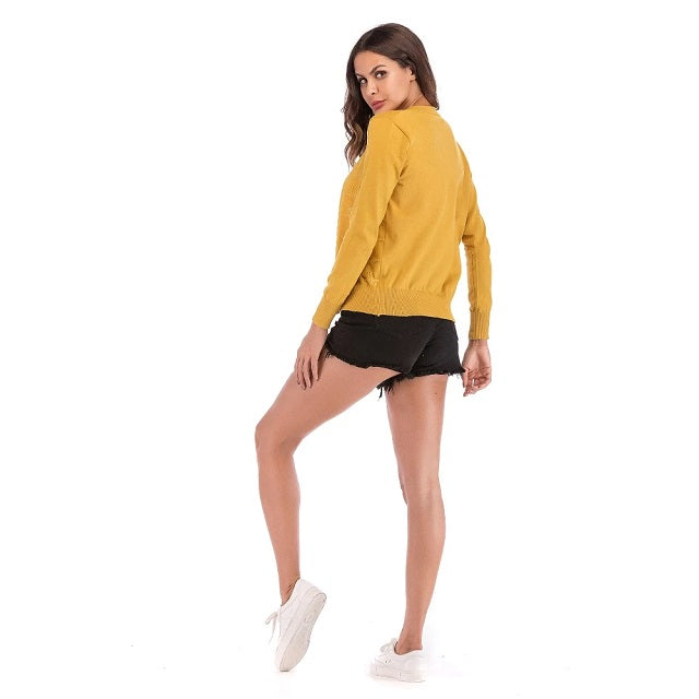 Hollow Out Flowers Beading Button Short Cotton Knitted Sweaters