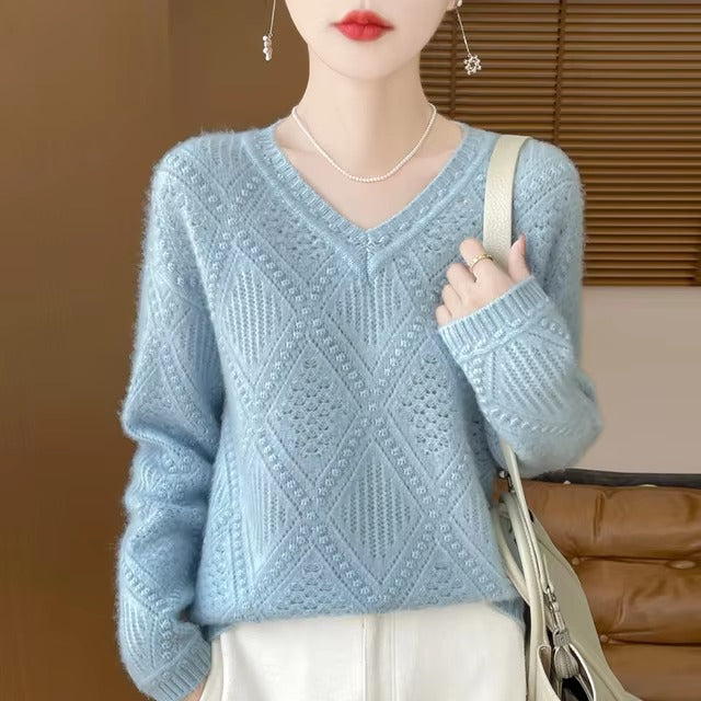 Hollow Out V-neck Full Sleeve loose Slight Stretch wool cashmere sweater