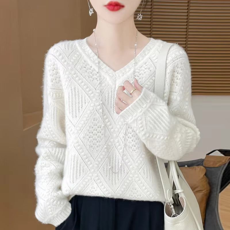 Hollow Out V-neck Full Sleeve loose Slight Stretch wool cashmere sweater