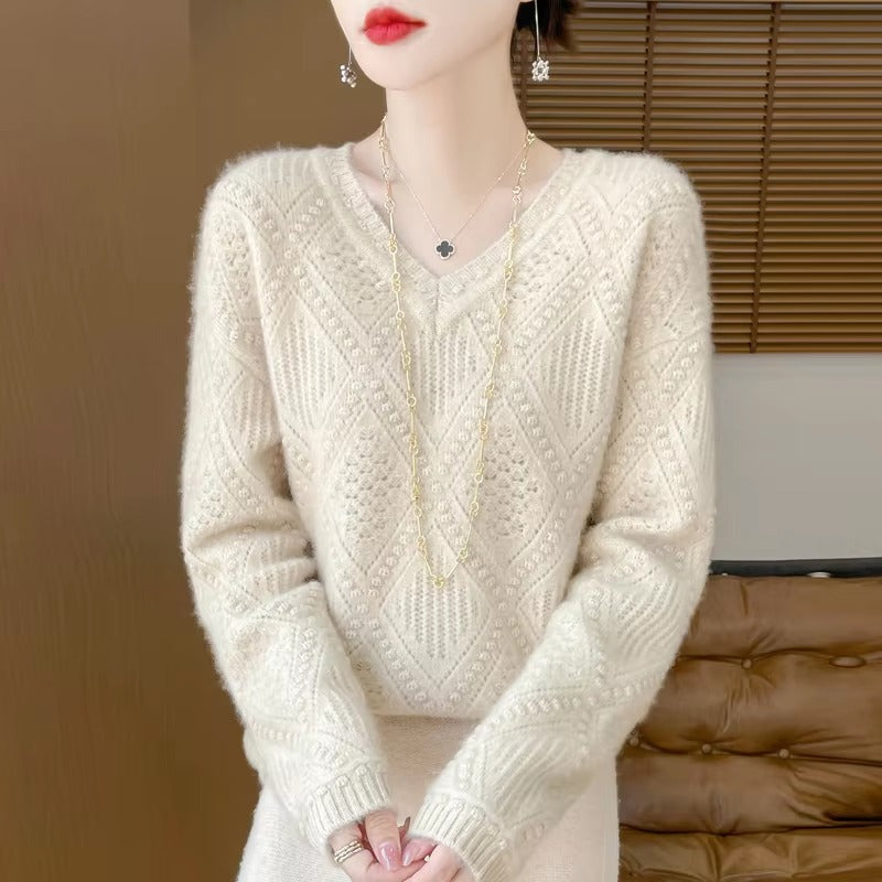 Hollow Out V-neck Full Sleeve loose Slight Stretch wool cashmere sweater