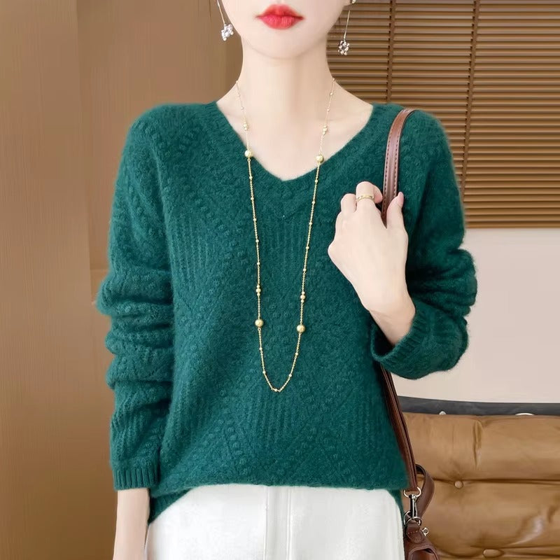 Hollow Out V-neck Full Sleeve loose Slight Stretch wool cashmere sweater