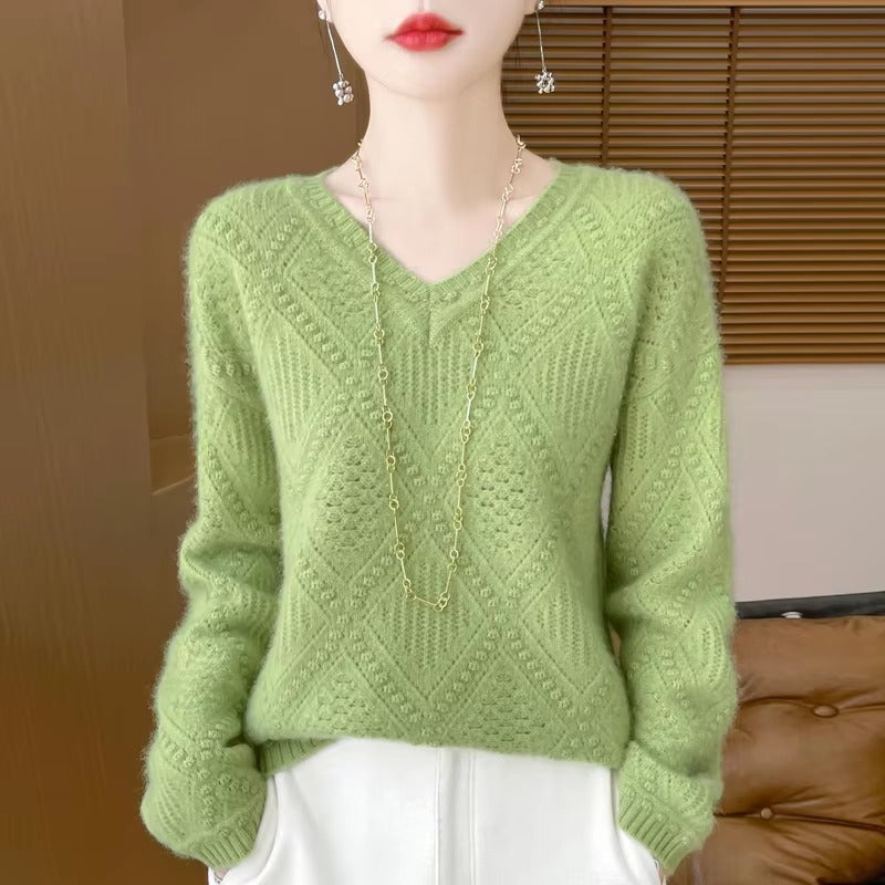 Hollow Out V-neck Full Sleeve loose Slight Stretch wool cashmere sweater