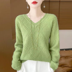 Hollow Out V-neck Full Sleeve loose Slight Stretch wool cashmere sweater