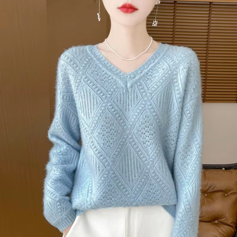 Hollow Out V-neck Full Sleeve loose Slight Stretch wool cashmere sweater