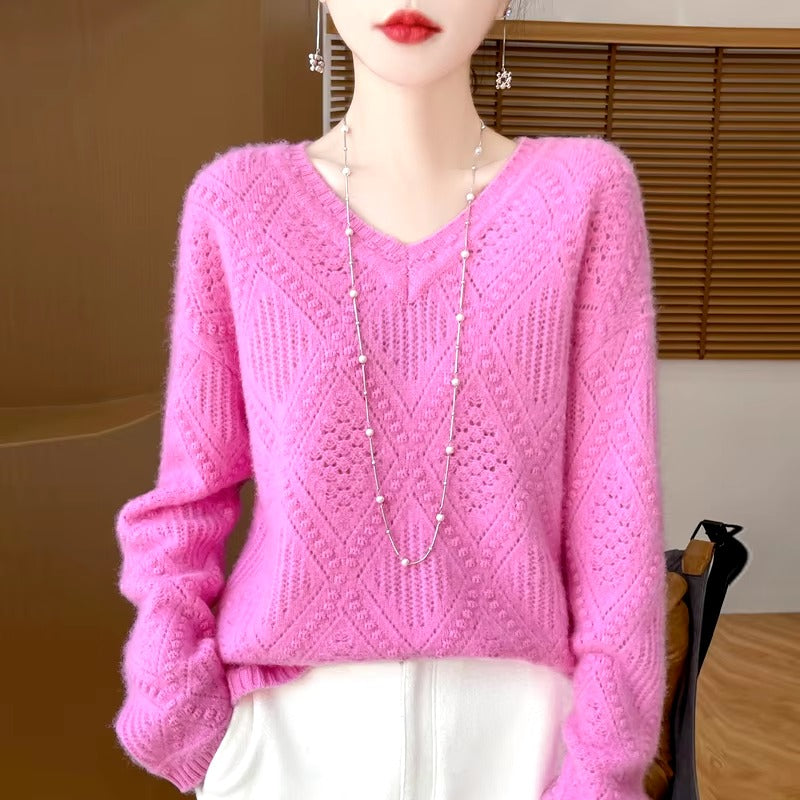 Hollow Out V-neck Full Sleeve loose Slight Stretch wool cashmere sweater