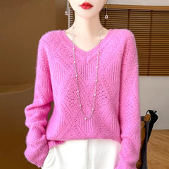 Hollow Out V-neck Full Sleeve loose Slight Stretch wool cashmere sweater