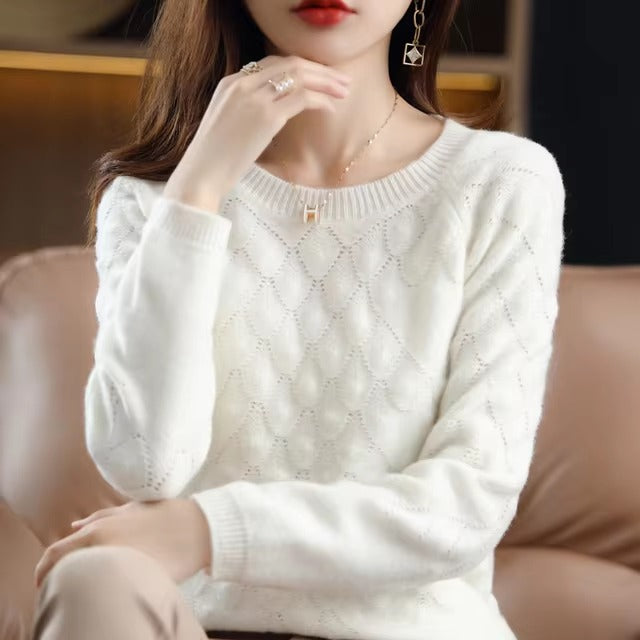 Hollow out O-Neck Knit Petal Pullover Thick Long-Sleeve Wool Cashmere Sweater