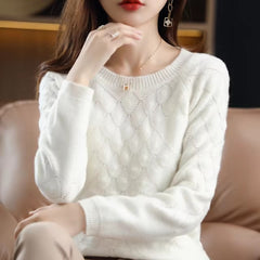 Hollow out O-Neck Knit Petal Pullover Thick Long-Sleeve Wool Cashmere Sweater