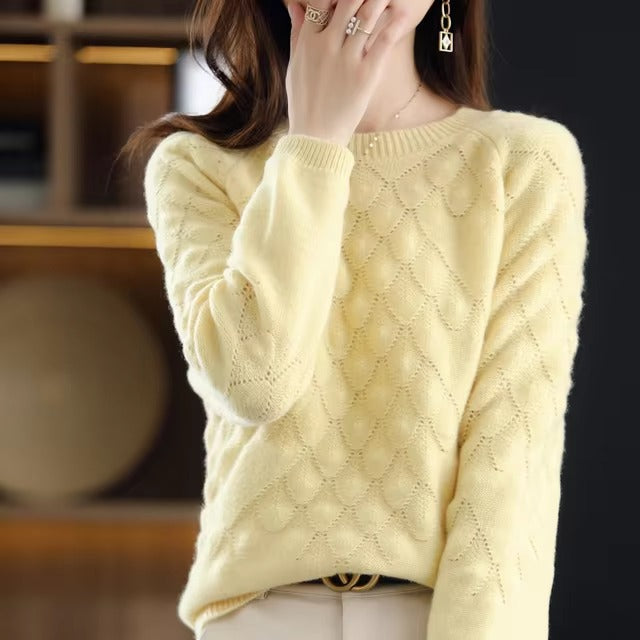 Hollow out O-Neck Knit Petal Pullover Thick Long-Sleeve Wool Cashmere Sweater