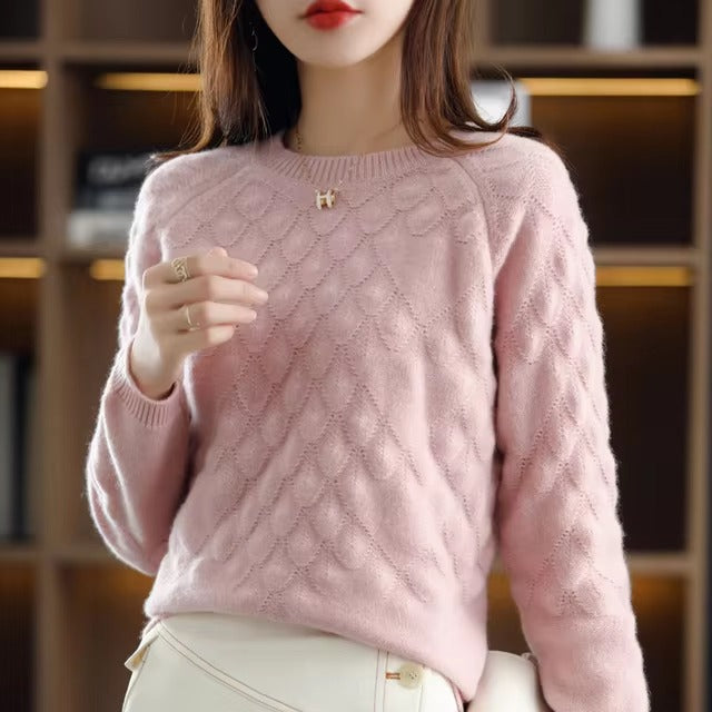 Hollow out O-Neck Knit Petal Pullover Thick Long-Sleeve Wool Cashmere Sweater