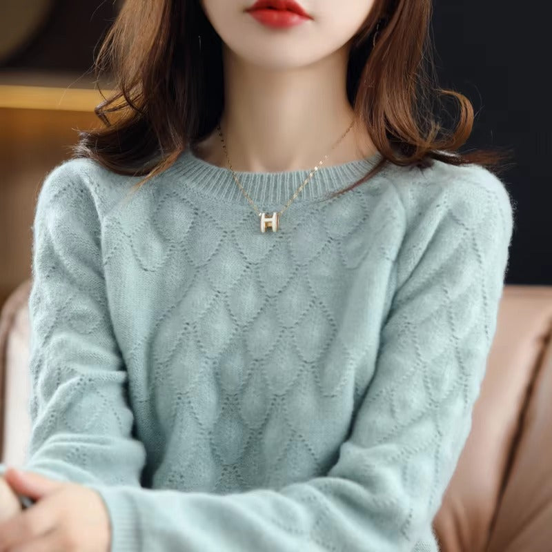 Hollow out O-Neck Knit Petal Pullover Thick Long-Sleeve Wool Cashmere Sweater