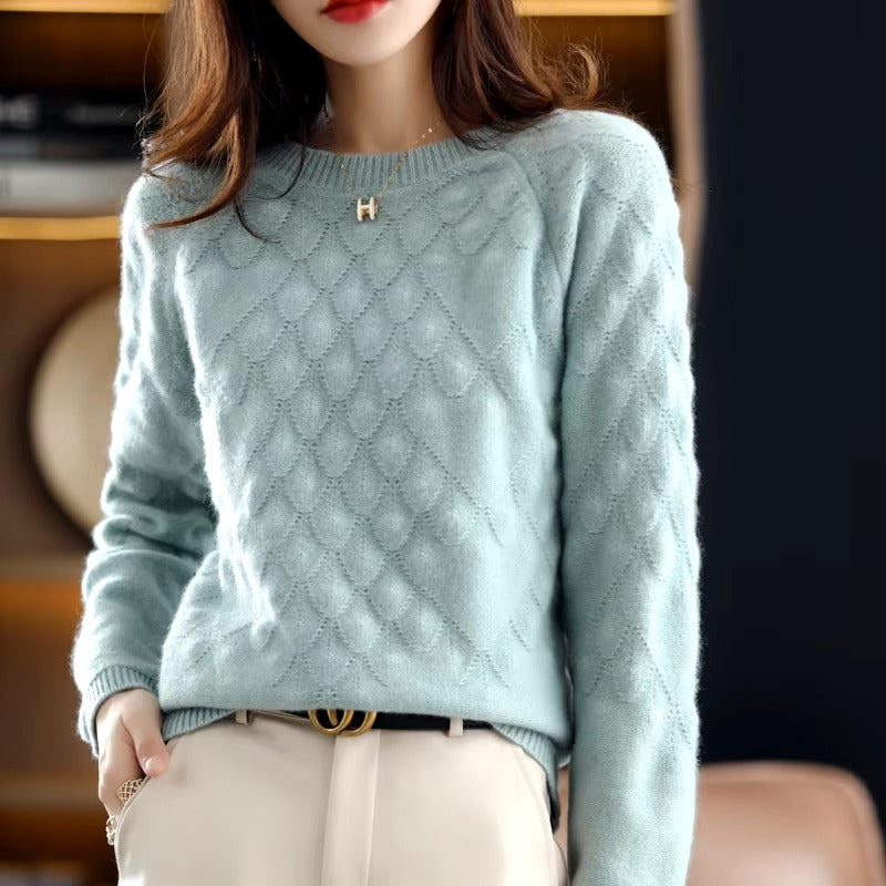 Hollow out O-Neck Knit Petal Pullover Thick Long-Sleeve Wool Cashmere Sweater