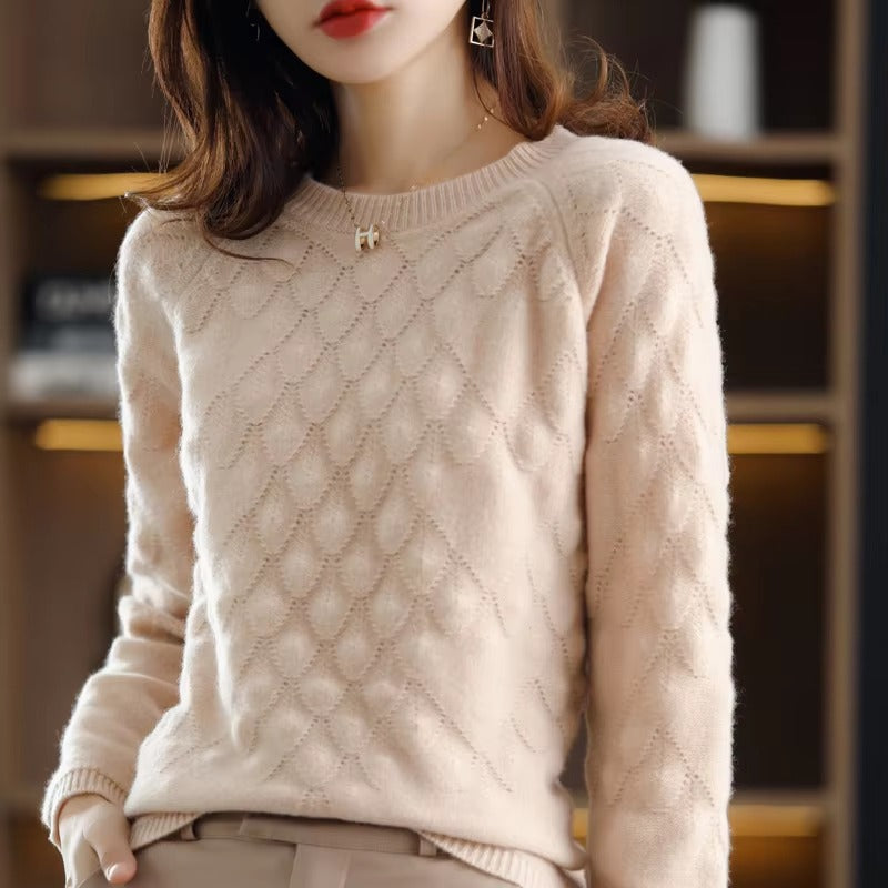 Hollow out O-Neck Knit Petal Pullover Thick Long-Sleeve Wool Cashmere Sweater