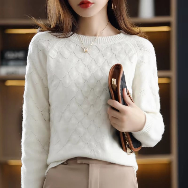 Hollow out O-Neck Knit Petal Pullover Thick Long-Sleeve Wool Cashmere Sweater