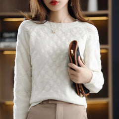 Hollow out O-Neck Knit Petal Pullover Thick Long-Sleeve Wool Cashmere Sweater