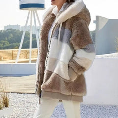 Casual Hooded Color Block Patchwork Long Sleeve Tunic Outerwear Coats with Pockets