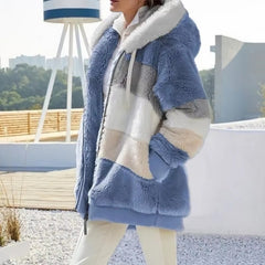 Casual Hooded Color Block Patchwork Long Sleeve Tunic Outerwear Coats with Pockets