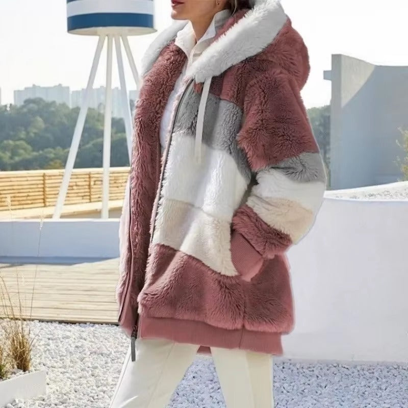 Casual Hooded Color Block Patchwork Long Sleeve Tunic Outerwear Coats with Pockets
