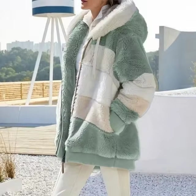 Casual Hooded Color Block Patchwork Long Sleeve Tunic Outerwear Coats with Pockets