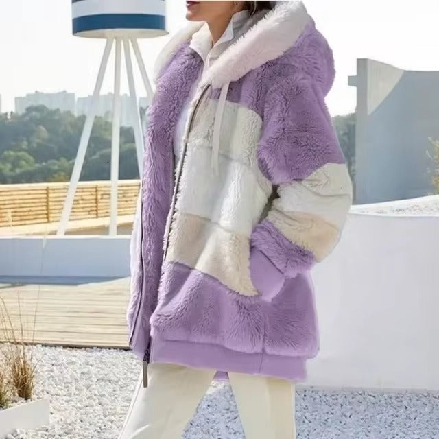Casual Hooded Color Block Patchwork Long Sleeve Tunic Outerwear Coats with Pockets