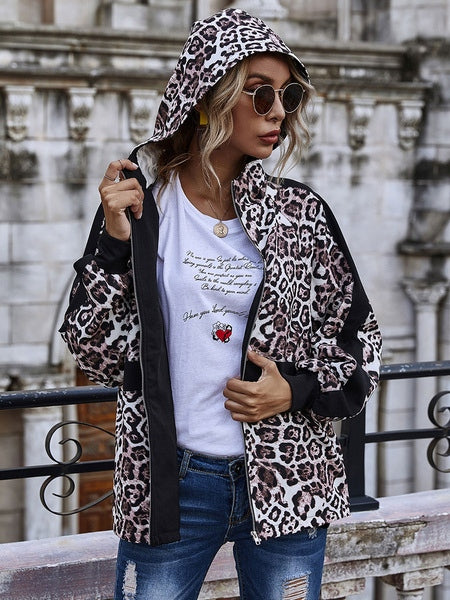 Hooded Leopard Print Long Sleeve Zip Up Lightweight Jacket