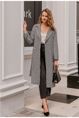Houndstooth long wool coat belt with pocket