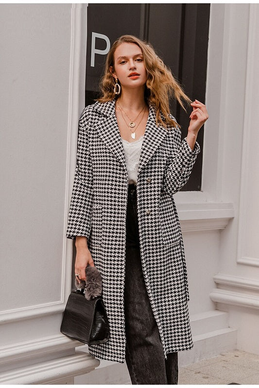 Houndstooth long wool coat belt with pocket