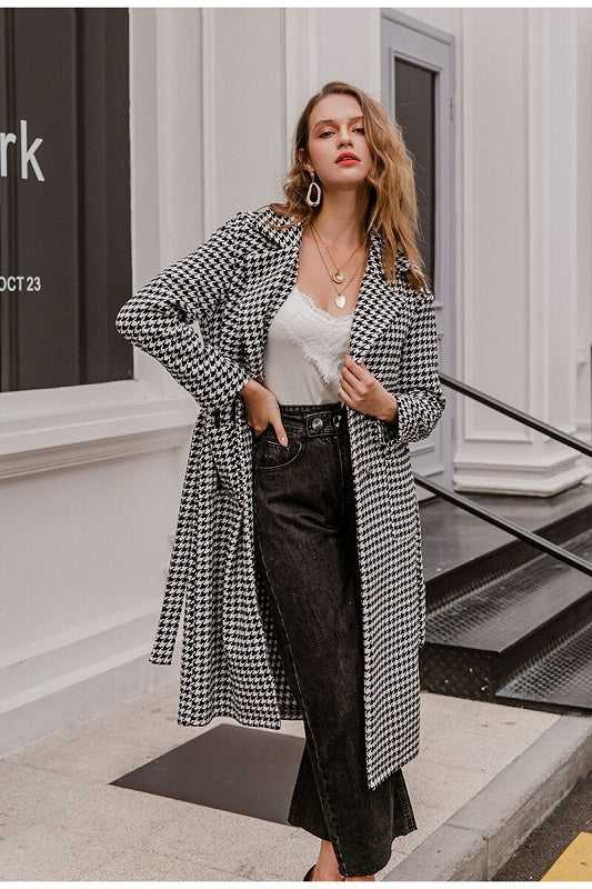 Houndstooth long wool coat belt with pocket