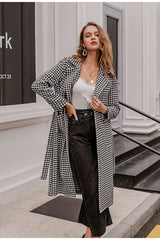 Houndstooth long wool coat belt with pocket