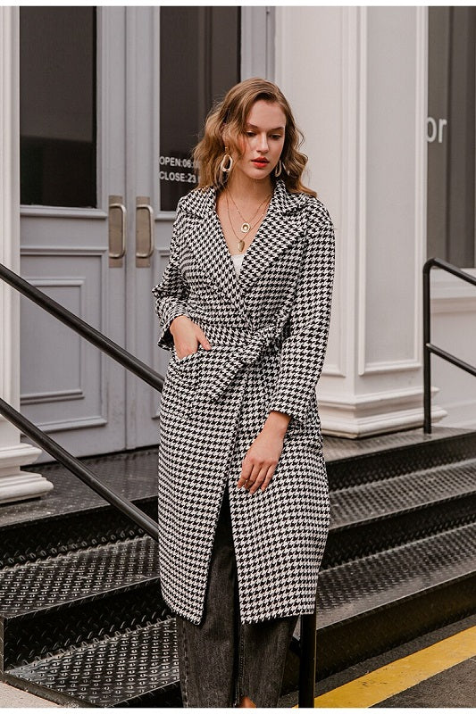 Houndstooth long wool coat belt with pocket